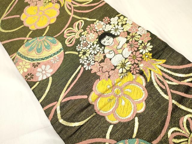 平和屋の平和屋着物[]七五三　子供　女の子　丸帯　鞠　童子花丸文　金糸　逸品　DABA3927ma｜アングル2