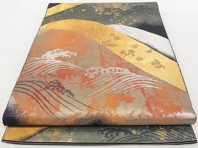 平和屋着物◎六通柄袋帯 立波花鳥文 金銀糸 正絹 逸品 AAAG7915Ajz