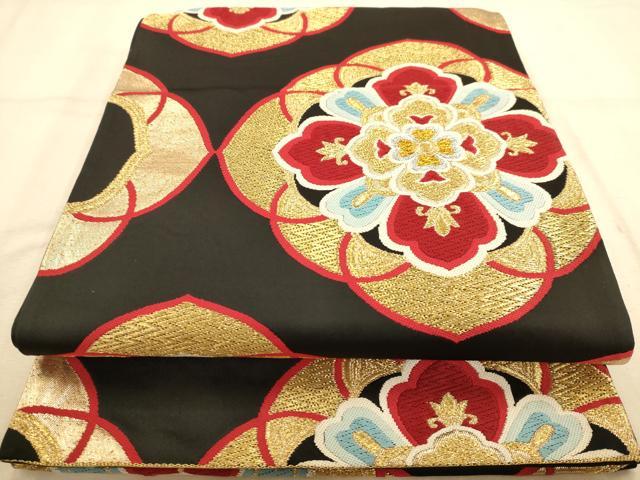平和屋着物◎六通柄袋帯 舞花文 黒地 金銀糸 正絹 逸品 AABB1559dt