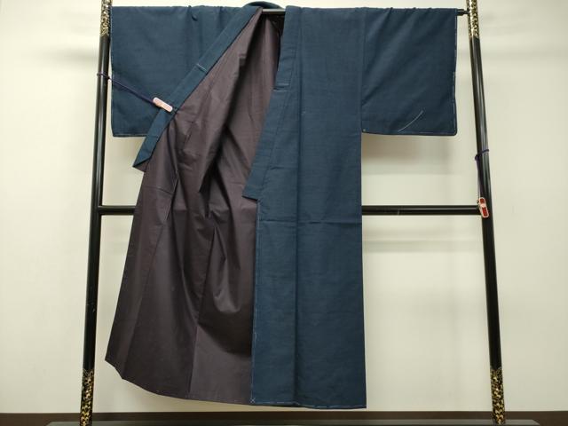 平和屋着物●男性　紬　アンサンブル　長羽織：髭紬・長羽織(袷)セット　青藍色　正絹　逸品　未使用　DAAR4402tw