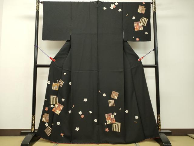 平和屋着物●訪問着　駒刺繍　源氏香　舞花文　黒地　金彩　正絹　逸品　未使用　DAAR4408tw