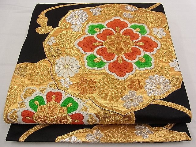 平和屋着物■六通柄袋帯　唐織　鏡裏花文　黒地　金銀糸　逸品　n-qw0346