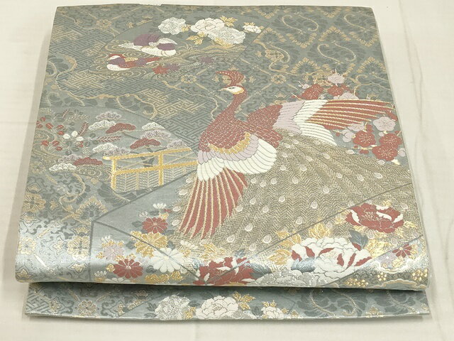 平和屋着物◎六通柄袋帯 九百新花鳥錦 孔雀花文 金銀糸 正絹 逸品 AAALAAAL1615Amf