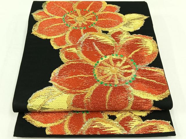 平和屋着物◎六通柄袋帯　舞花文　黒地　金糸　正絹　逸品　AAAP5194jh
