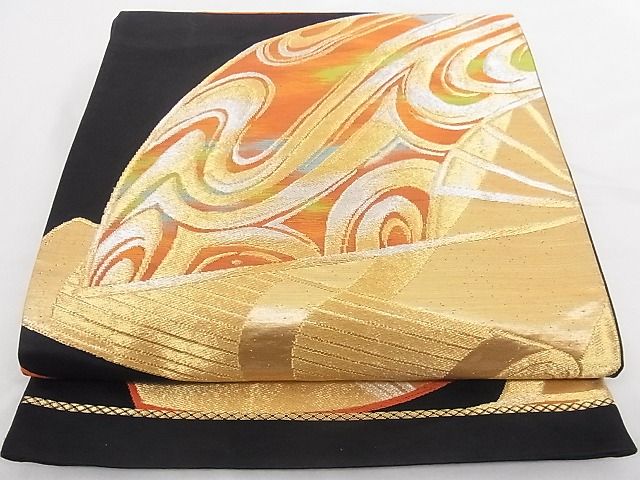 平和屋着物■六通柄袋帯　扇面文　黒地　金銀糸　正絹　逸品　B-cy5041(4)