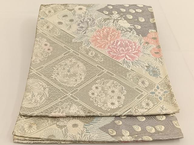 平和屋着物◎六通柄袋帯　唐織　孔雀花文　銀糸　正絹　逸品　BAAT3446ui