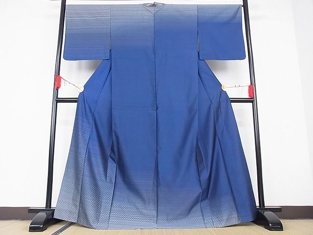 平和屋-こころ店■極上 花織 本藍 紬 訪問着 単衣 霞花文 籠目 着丈168cm 裄丈67cm 正絹 逸品 3kk2801