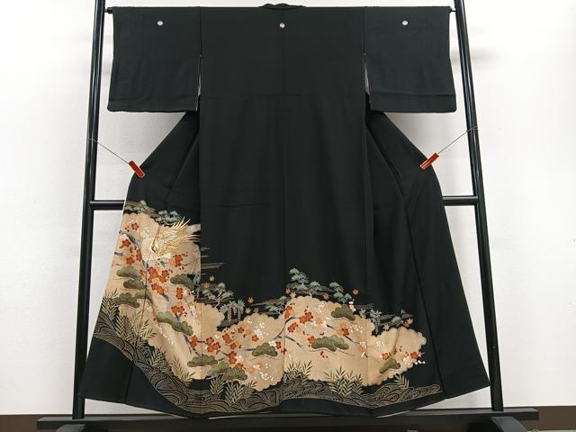 平和屋着物■豪華黒留袖 刺繍 尾長鳥梅松文 金彩 正絹 逸品 CABD7178xe