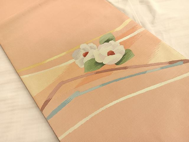 平和屋着物◎太鼓柄袋帯　すくい織　白椿　正絹　逸品　BAAO8529du