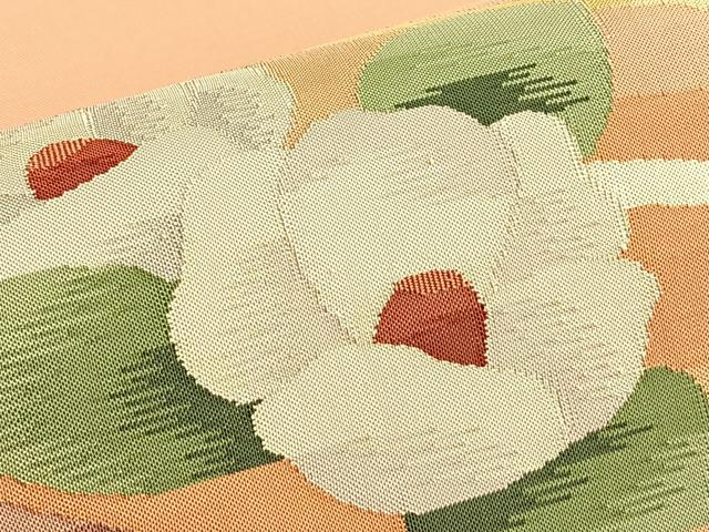 平和屋着物◎太鼓柄袋帯　すくい織　白椿　正絹　逸品　BAAO8529du