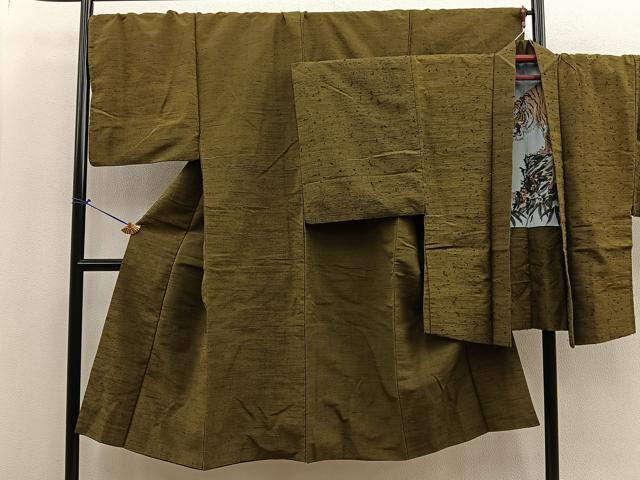 平和屋着物■男性 髭紬羽織セット 色無地 羽裏:虎 正絹 逸品 BAAS0762sa