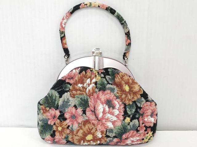 平和屋着物●極上 和装小物 和装バッグ ビーズバッグ 手刺繍 草花文 レトロ 逸品 DZAA12260kh6