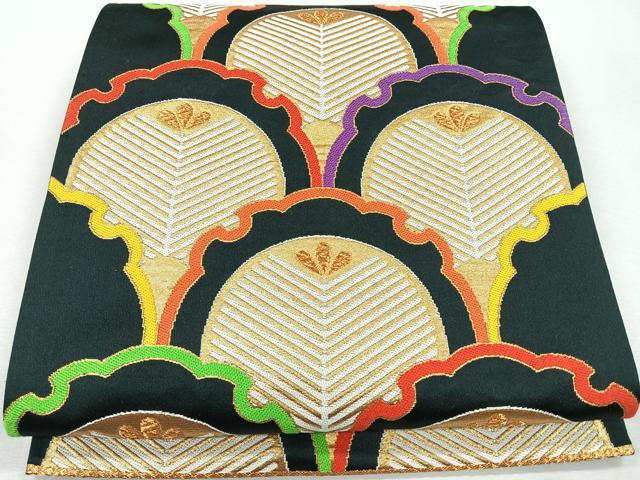 平和屋着物◎六通柄袋帯　雪輪松葉文　黒地　金糸　正絹　逸品　CAAR1793nb