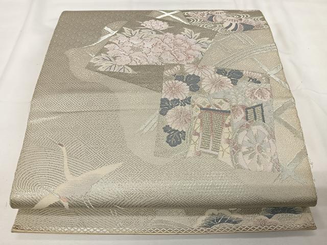 平和屋着物◎六通柄袋帯　籬花鳥文　銀糸　正絹　逸品　CAAX7986ua
