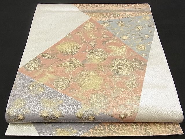 平和屋着物■六通柄袋帯　切嵌吉祥更紗花文　銀糸　逸品　n-sx1302