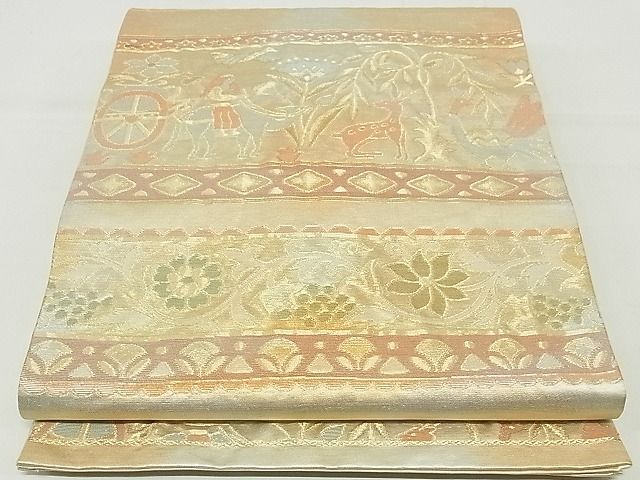 平和屋着物■六通柄袋帯 ふくれ織 鳥獣人物文 金銀糸 正絹 逸品 A-hg1002