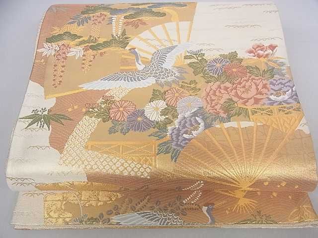 平和屋着物◎佐賀錦　六通柄袋帯　扇飛鶴草花文　金糸　逸品　DAAD0663ar