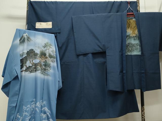 平和屋着物●男性 紬 アンサンブル 長襦袢セット 色無地 草木染 留紺色 反端付き 正絹 逸品 CAAS0139th