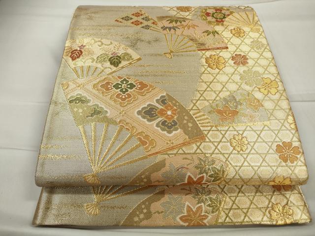 平和屋着物◎六通柄袋帯　扇面鳳凰草花文　金糸　正絹　逸品　CAAO4421qe
