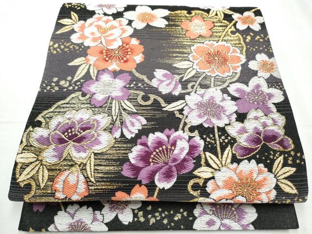 平和屋着物●六通柄袋帯　雪輪花文　黒地　金糸　正絹　逸品　CABC5483hy