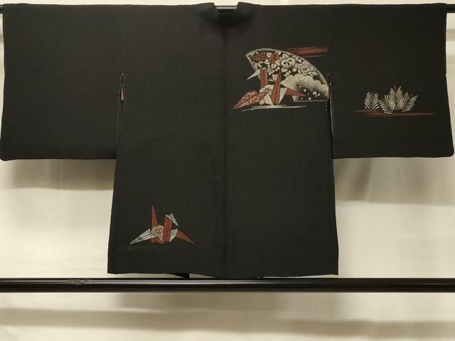 平和屋着物＃羽織　地紙折り鶴花文　黒地　銀糸　正絹　逸品　CABD7705in