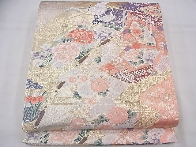 平和屋着物◎六通柄袋帯 唐織 扇面松鶴文 金糸 逸品 BAAG1258fk