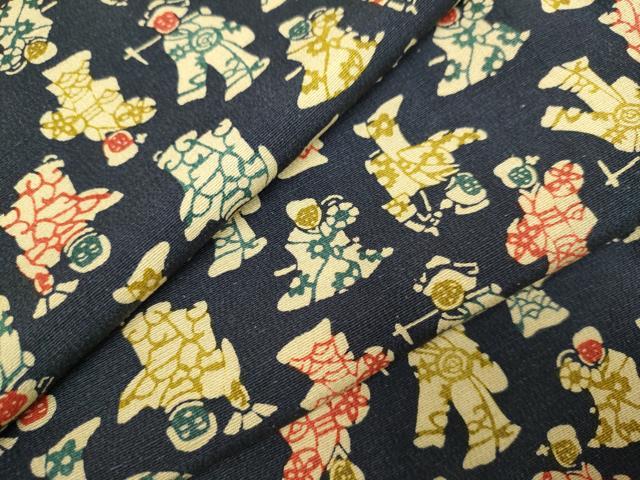 平和屋着物▽上質な小紋 単衣 型染め 人物文 お召縮緬 正絹 逸品 DAAR5298du