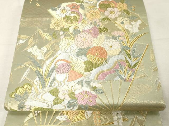 平和屋着物▼六通柄袋帯　唐織　扇面鴛鴦花文　金銀糸　正絹　逸品　CAAX0476yk