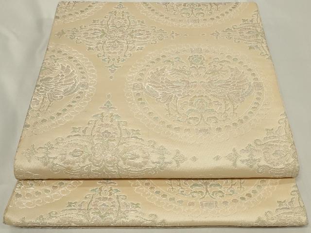 平和屋着物◎西陣　六通柄袋帯　双鳥草花丸文　銀糸　証紙付き　正絹　逸品　CAAZ7658in