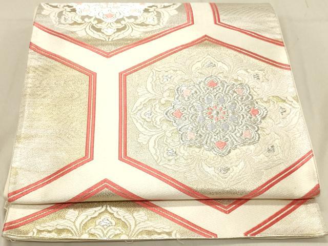 平和屋着物◎六通柄袋帯 唐織 亀甲花文 銀糸 正絹 逸品 DABA2352ya