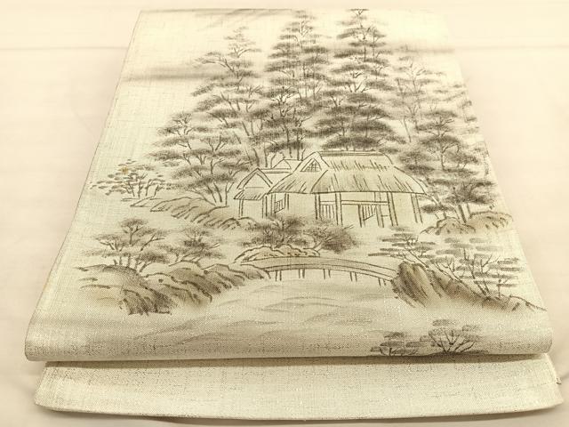 平和屋着物◎六通柄袋帯　作家物　手描き　京百景　銀糸　正絹　逸品　BAAU0961hv