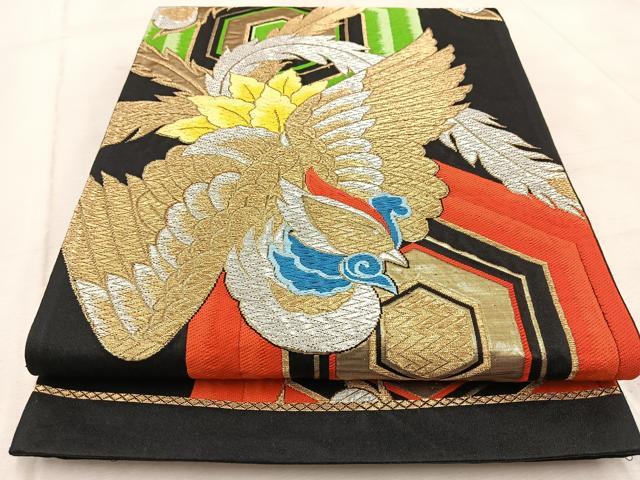 平和屋着物◎六通柄袋帯 唐織 鳳凰亀甲文 黒地 金銀糸 正絹 逸品 BAAV4753yc