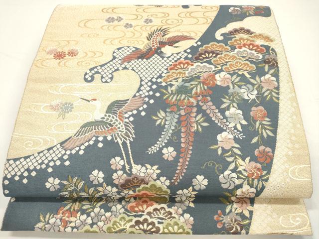 平和屋着物◎六通柄袋帯　飛鶴花松文　金糸　正絹　逸品　DAAW0764op