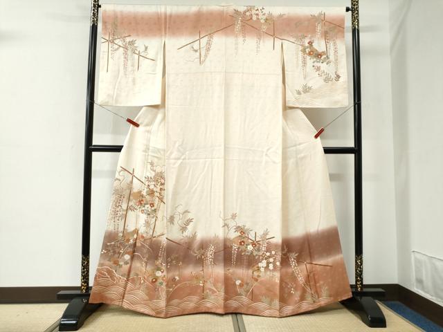 Rakuten - 平和屋着物●訪問着　刺繍　扇面竹垣草花文　暈し染め　金彩　正絹　逸品　CABE2258yc