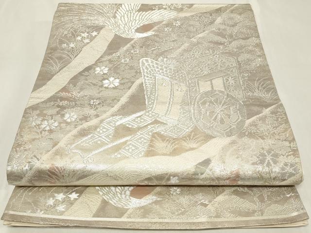 平和屋着物◎六通柄袋帯　古京錦　御所車花鳥文　二重引箔　銀糸　正絹　逸品　CAAZ7678in