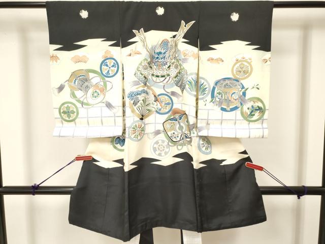 平和屋着物[]お宮参り　男の子　祝着　産着　初着　のしめ　駒刺繍　龍　兜　地紙折り鶴扇面飛鶴文　銀彩　逸品　DAAW2914ma