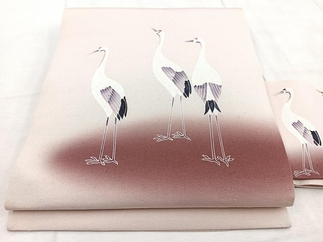 平和屋着物◎九寸名古屋帯　手描き　友禅　群鶴　お召縮緬　正絹　逸品　BAAV4758yc(4)