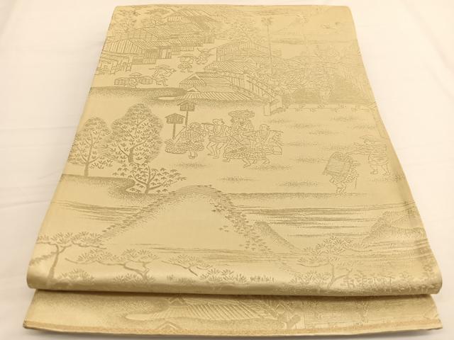 平和屋着物◎六通柄袋帯 人物風景文 金糸 正絹 逸品 BAAW3049hv