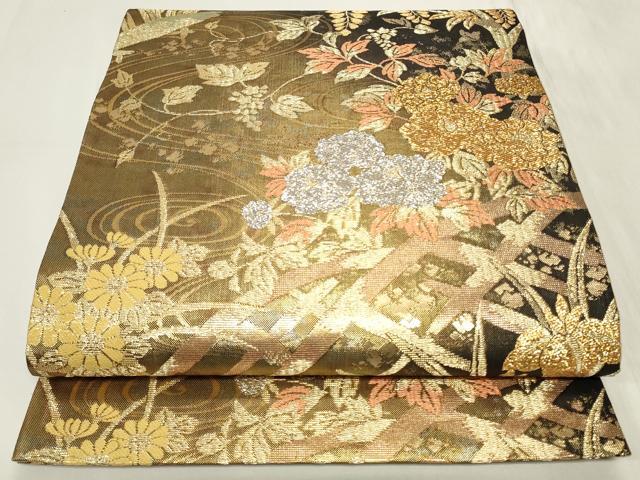 平和屋着物◎六通柄袋帯　籬流水花文　金銀糸　引箔　正絹　逸品　CAAY8994in