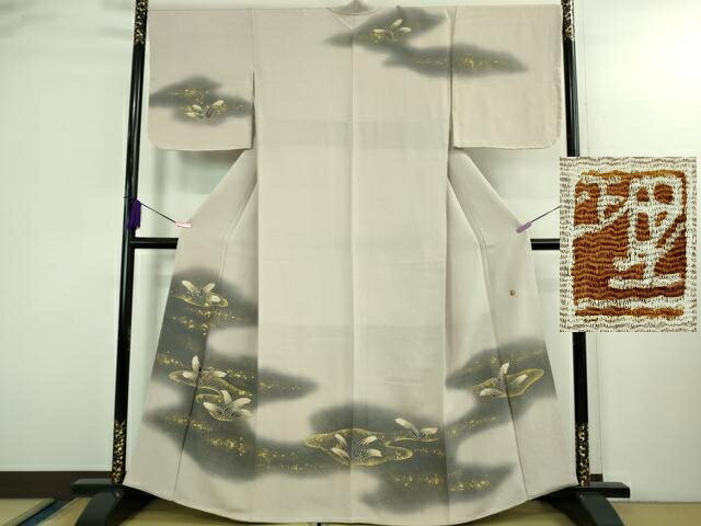 Full-Length Under-Kimono - 平和屋本店●極上　浦野理一　金彩友禅　訪問着　羊歯　灰桜色地　暈し染め　鬼しぼ縮緬　逸品　未使用　DZAA5017kh6