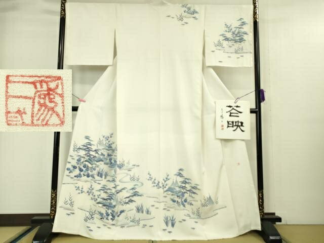 平和屋本店●極上　京友禅の人間国宝　上野為二　訪問着　藍　風景花文　象牙色地　色紙付き　逸品　DZAA5026kh6