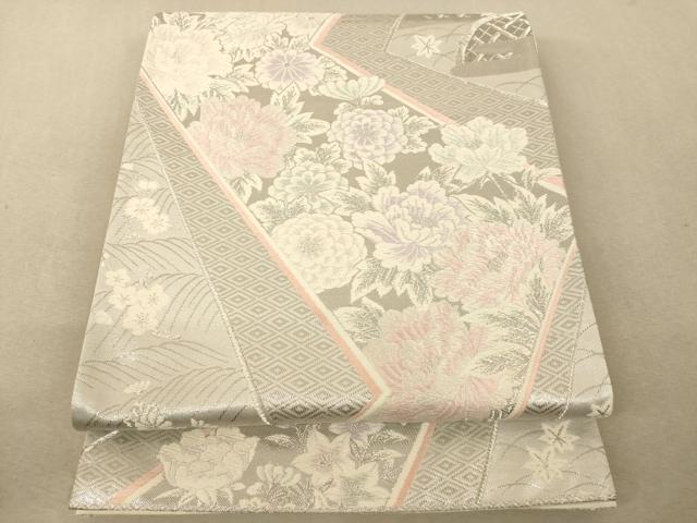 平和屋着物◎六通柄袋帯 唐織 色紙重ね牡丹文 銀糸 正絹 逸品 AAAM5159fw