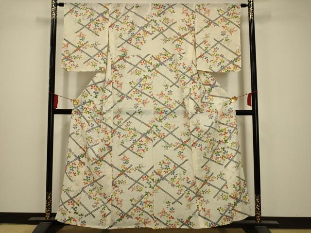 平和屋着物＊夏物　小紋　絽　萩　銀彩　正絹　逸品　AABA5522sx