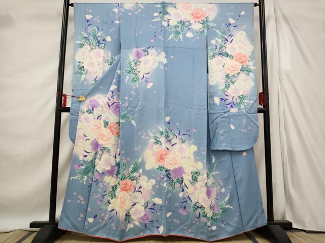 m526＊正絹 写真家 秋山庄太郎 落款 蝶 薔薇 着物 成人式 振袖単品 m526＊正絹 写真家 秋山庄太郎 落款 蝶 薔薇 着物 成人式 振袖単品