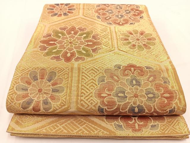 平和屋着物◎佐賀錦　六通柄袋帯　亀甲正倉院花文　金糸　正絹　逸品　BAAV7533yc