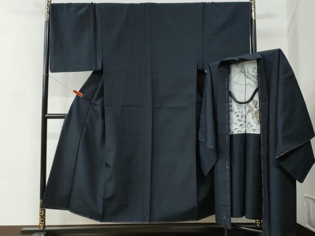 平和屋着物●男性 紬 髭紬羽織セット 色無地 濃紺地 正絹 逸品 未使用 CABC6548yc