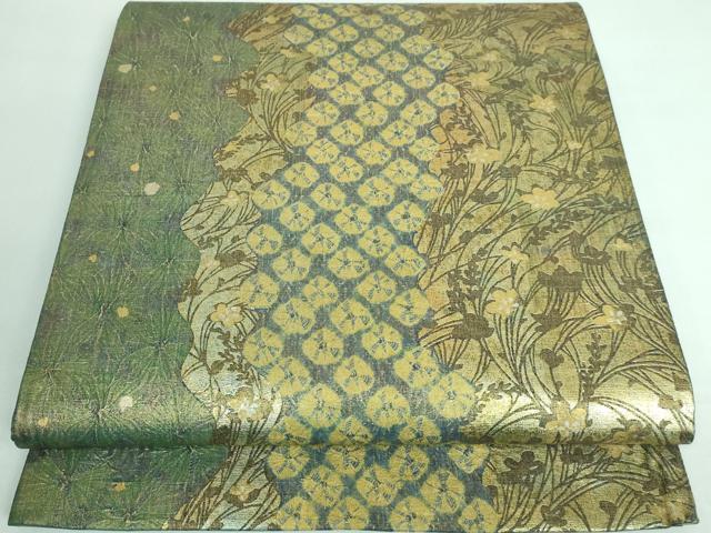 平和屋本店■極上　石川県指定無形文化財　牛首紬　白山工房　手織り　全通柄袋帯　間道　金彩　逸品　DZAA5726kh5