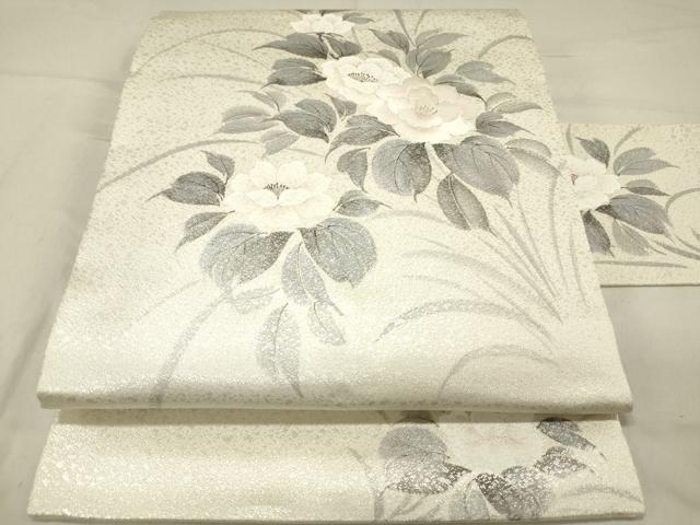 平和屋着物◎九寸名古屋帯　手描き　刺繍　牡丹　銀糸　正絹　逸品　DAAZ5844ea