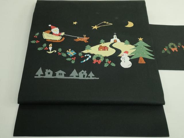 平和屋着物●極上　九寸名古屋帯　クリスマス　サンタクロース　黒地　逸品　DZAB4806kh6