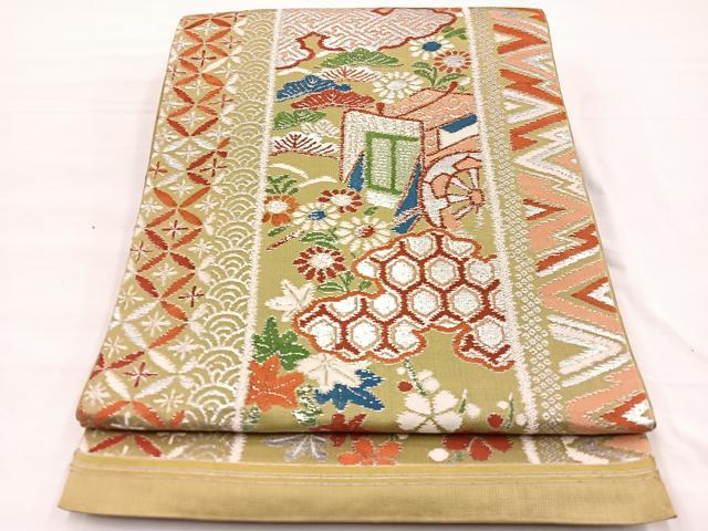 平和屋着物◎六通柄京袋　本袋帯　唐織　御所車花文　銀糸　正絹　逸品　BAAX0798hv